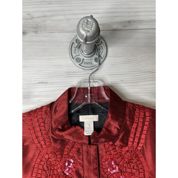 Chicos Jacket Womens Size 1 Red Embroidered Sequin Dressy Evening Blazer - Picture 2 of 8